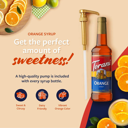 Torani Orange Syrup for Drinks, Flavoring for Iced Tea, Sodas, Cocktails, and Milk Shakes, Pump Included, 25.4 Oz