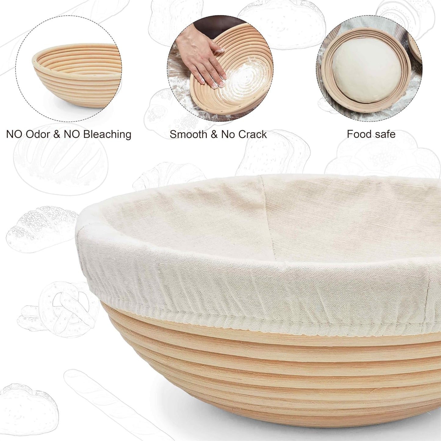 Banneton Bread Proofing Basket,9 Inch Round + 9.8 Inch Round Sourdough Proofing Baskets with Liner,Dough Proofing Bowls,Made of Natural rattan,for Sourdough Bread Baking Supplies