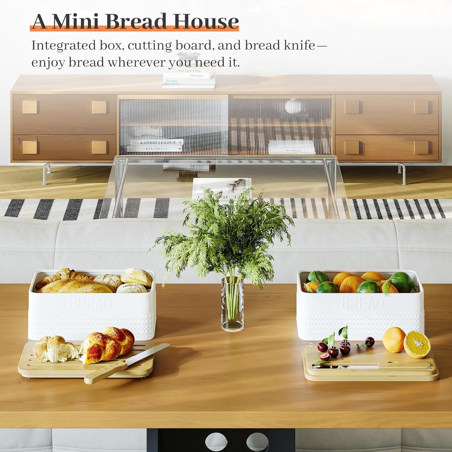 Bread Box for Kitchen Countertop - Metal Bread Storage with Bamboo Cutting Board Lid & Bread Knife, Corner Bread Container for Homemade Bread and Toast, White