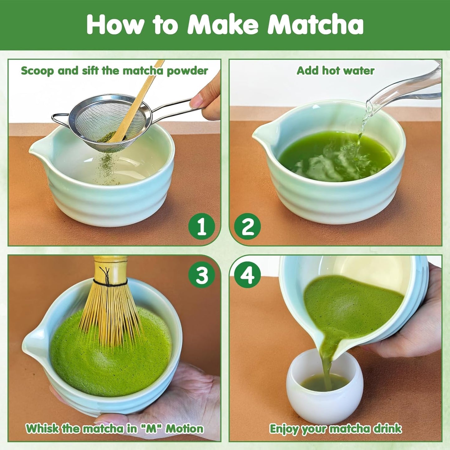 Matcha Whisk Set, 7 Pcs Ceramic Matcha Whisk Kit, Bowl with Spout, Holder, Stainless Sifter, Bamboo Scoop and Tea Towel, Gift Set for Tea Lovers
