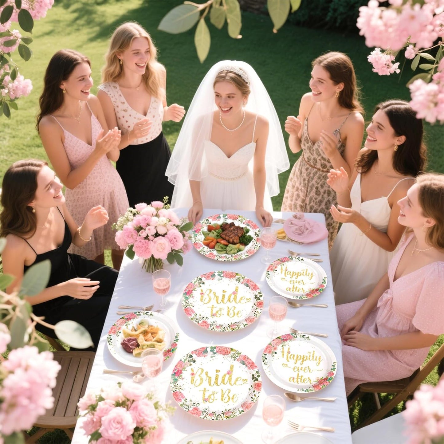 Grencian 96 Pcs Bachelorette Party Decorations Rose Gold Bride Shower Plates and Napkins Bride to Be Tableware Pink Flower and Gold Bachelorette Party Supplies for Engagement Wedding Party Favors