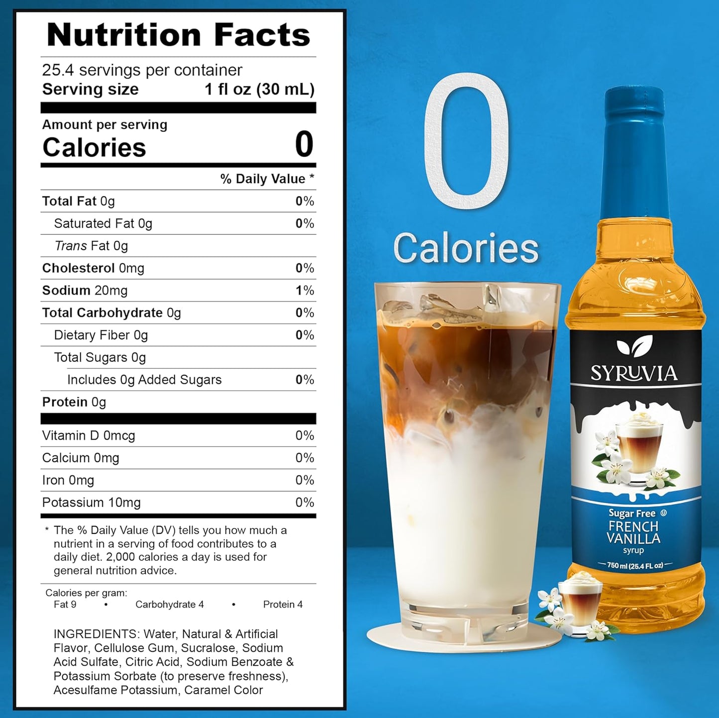 Syruvia Sugar Free Coffee Syrup, French Vanilla Flavored Syrup for Drinks, Lattes, and Desserts – 25.4 fl oz