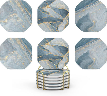 UMIRRO Ceramic Stone Coasters for Drinks Absorbent with Holder for Wooden Coffee Table, Stoneware Cup Coasters for Iced Cold or Hot Drinks, Navy Blue Marble Style, Gold, 4" Set of 6