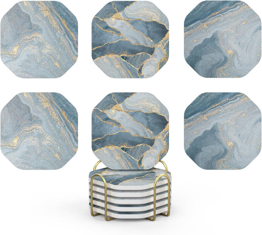 UMIRRO Ceramic Stone Coasters for Drinks Absorbent with Holder for Wooden Coffee Table, Stoneware Cup Coasters for Iced Cold or Hot Drinks, Navy Blue Marble Style, Gold, 4" Set of 6
