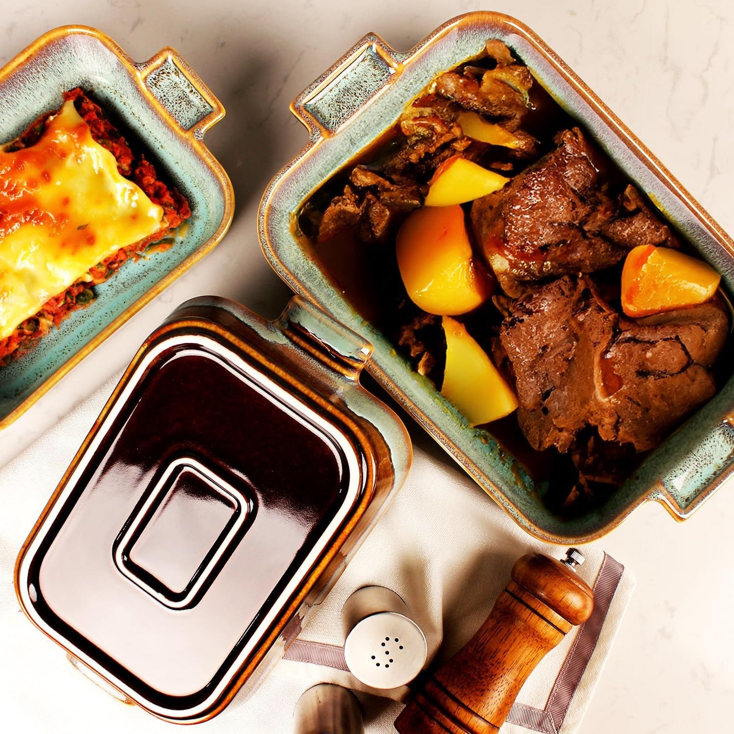 Rectangular 11.5 x 8.5 Casserole Dish, 2.5 Qt Ceramic Au gratin Baking Dish with Handles, or for mixing, salad, pasta plate, Best gift for those who love baking, Microwave, Oven safe