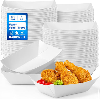125 Pack Paper Food Trays, 1 LB White Food Boats, Disposable Kraft Paper Nacho Trays, Heavy Duty Serving Tray Boat, Disposable Serving Boats for Nachos Fries Tacos, Grease Resistant