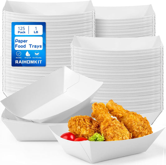 125 Pack Paper Food Trays, 1 LB White Food Boats, Disposable Kraft Paper Nacho Trays, Heavy Duty Serving Tray Boat, Disposable Serving Boats for Nachos Fries Tacos, Grease Resistant