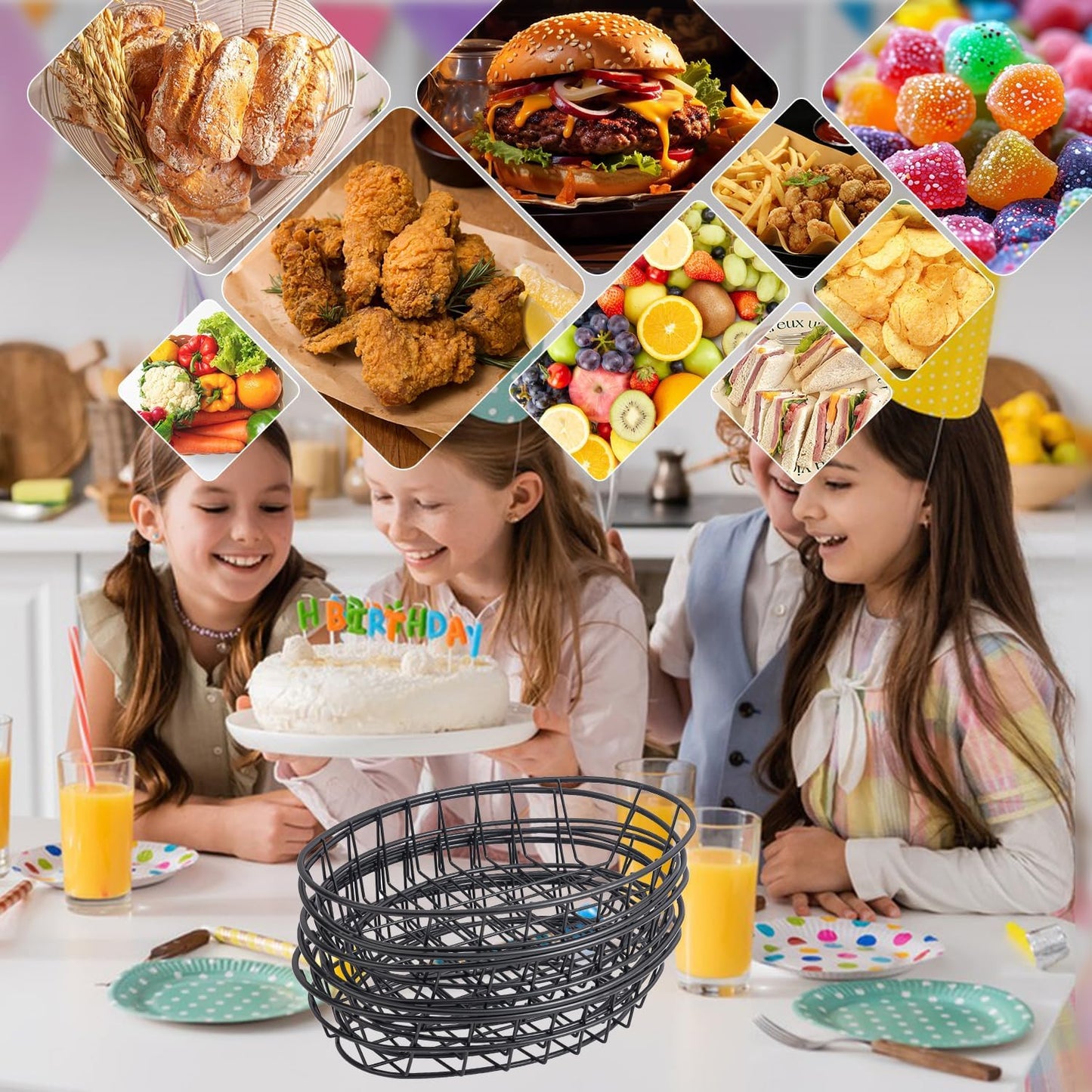 12 Pack Oval Wire Bread Basket, 9.5 x 6.2 x 2.17 Inch Metal Fast Food Baskets with 50 Sheets Deli Wrappers Paper, Metal Dinner Roll Baskets for Home & Kitchen, Serving and Storage(Black)