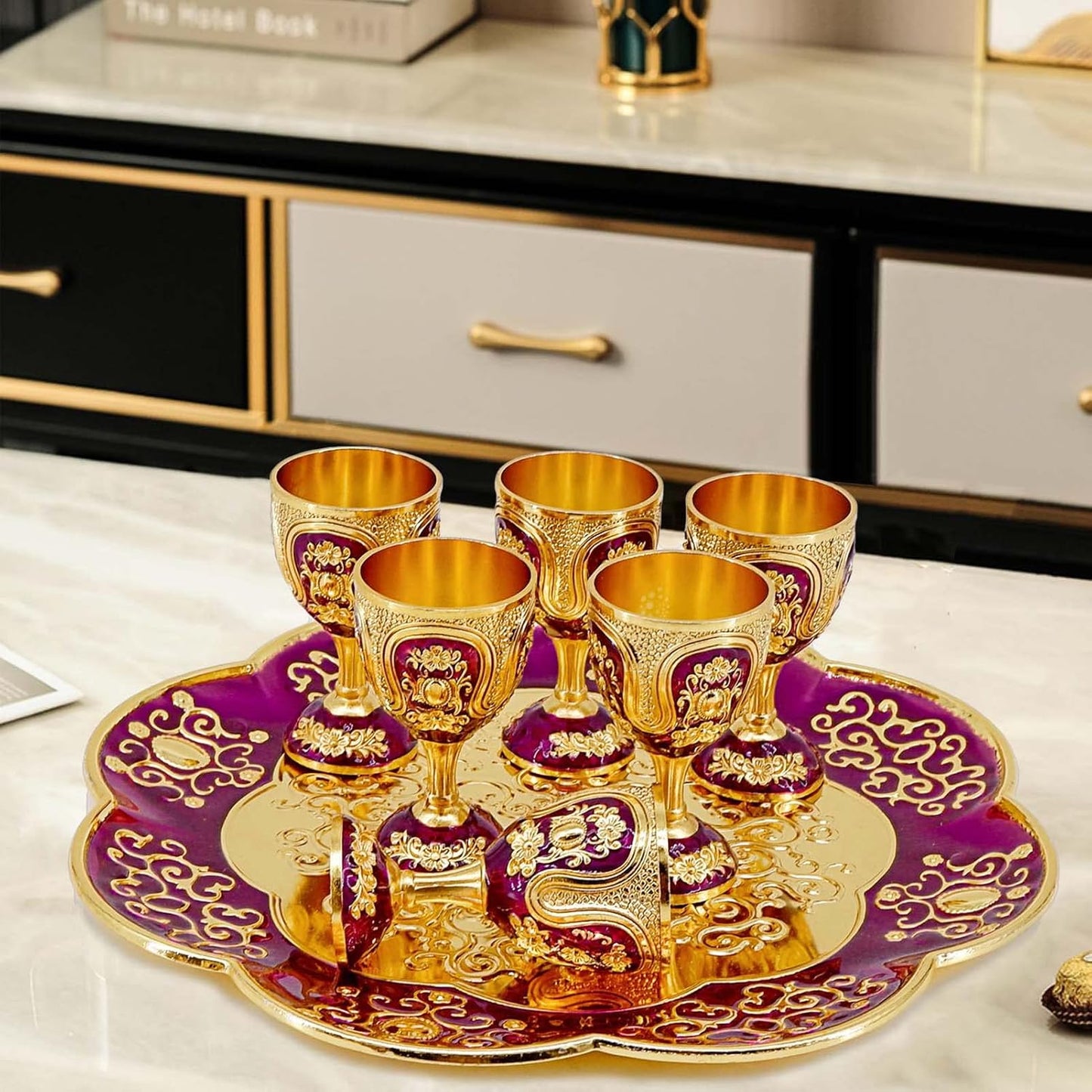 Vintage Turkish Coffee Pot and Cups Set,Tea Service Set Including Teapot,Tea Tray and Metal Cups for Wine Cabinet Decor,Wedding Ornaments (Gold and Purple)