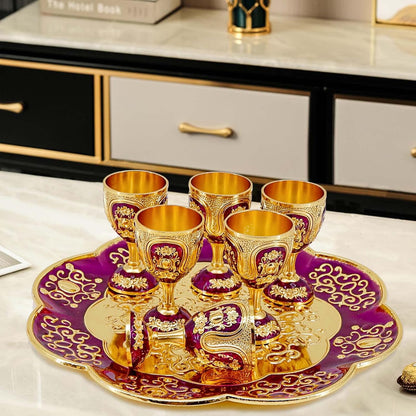 Vintage Turkish Coffee Pot and Cups Set,Tea Service Set Including Teapot,Tea Tray and Metal Cups for Wine Cabinet Decor,Wedding Ornaments (Gold and Purple)