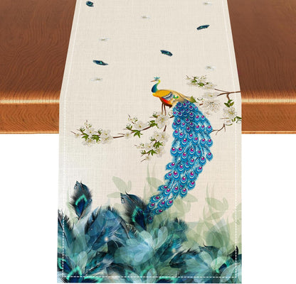 Peacock Table Runner, Retro Chinoiserie Luxury Blue Floral Vintage Aesthetic Table Runner for Coffee Table Home Party Kitchen Dining Table Wedding Party Decor, 13x72 inches