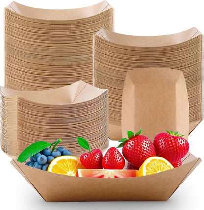 100 Pack Paper Food Boats, 3 Lb Heavy Duty Kraft Paper Food Trays, Disposable Serving Basket, Disposable Nacho Trays for Party Snacks French Fries Hot Dog Nachos BBQ Popcorn Taco, Brown