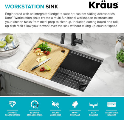 KRAUS Kore Workstation 27-inch Undermount 16 Gauge Black Stainless Kitchen Sink, Single Bowl Kitchen Sink in PVD Gunmetal Finish with Accessories, KWU110-27-PGM