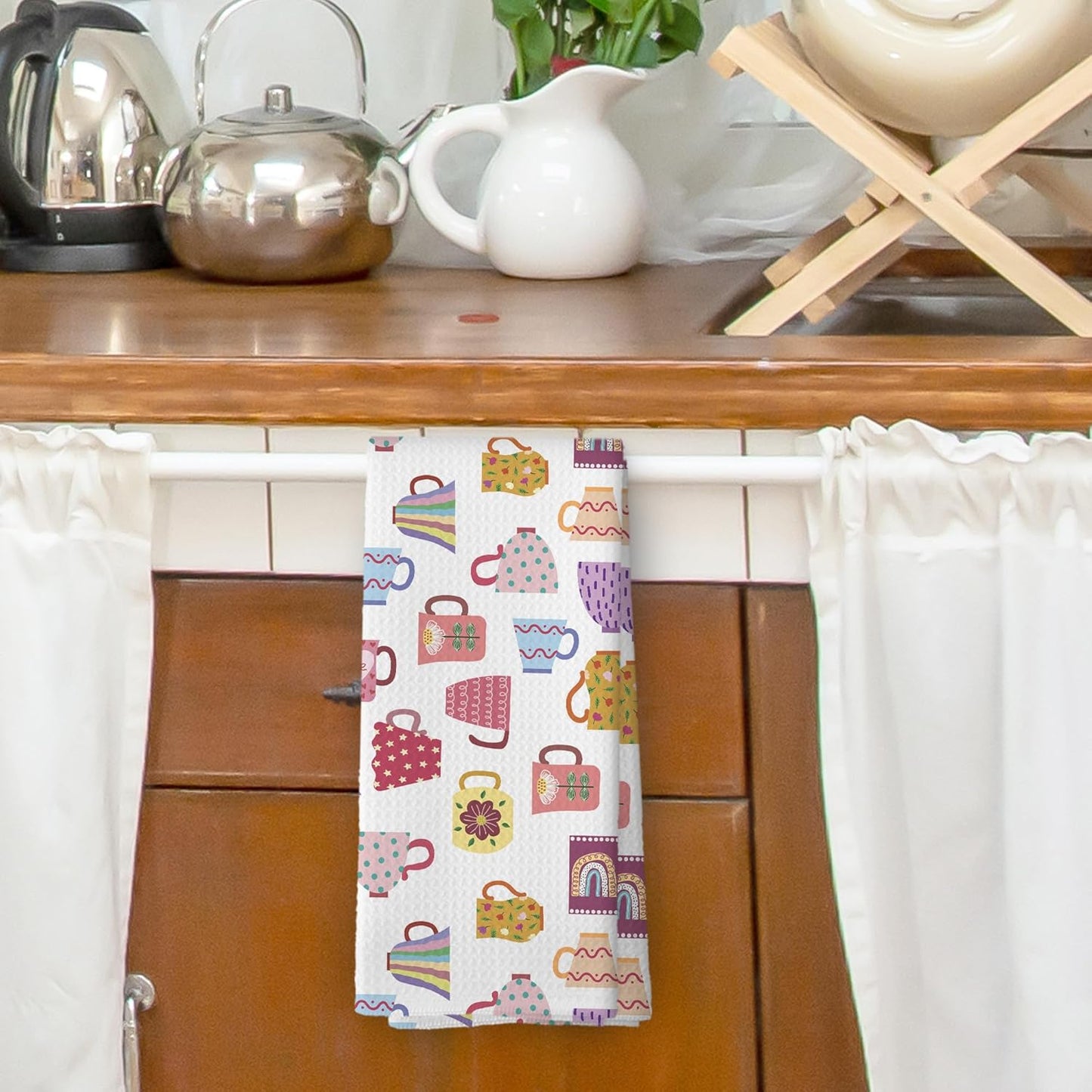 Trendy Teacups Kitchen Dish Towels, Coffee Cups Teapots Kitchen Decor, Aesthetic Garden Tea Lover Gifts for Women Men, Tea Time Hand Towels Kitchen Bathroom Tea Towels Decorations, 16x24inch