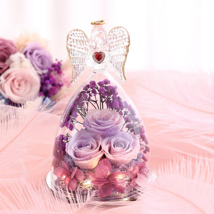 Mothers Day Rose Gifts for Women, Large Angel Figurines with Real Roses, Preserved Real Flower Rose for Her, PinkPurPur