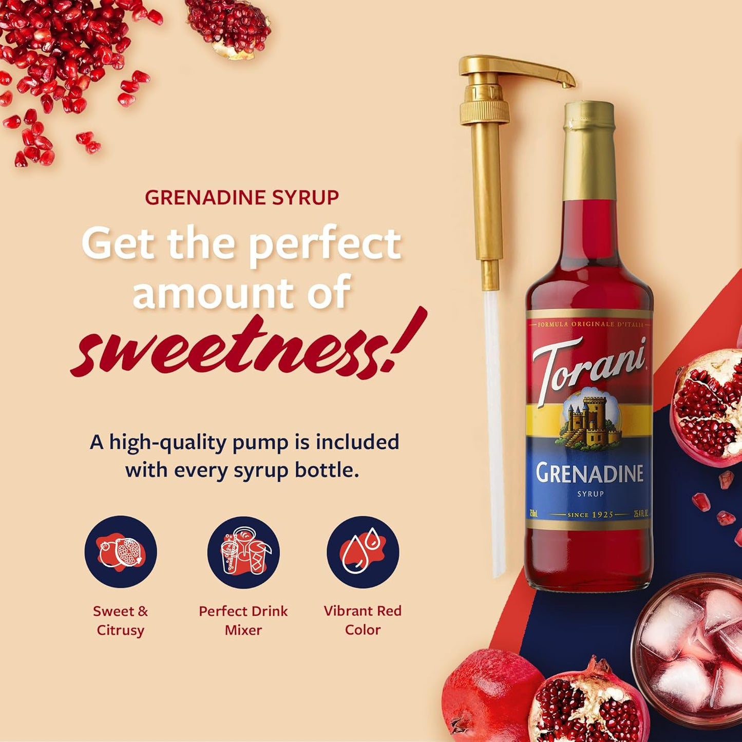 Torani Grenadine Syrup for Drinks, Flavoring for Sodas, Cocktails, and Mocktails, Pump Included, 25.4 Oz
