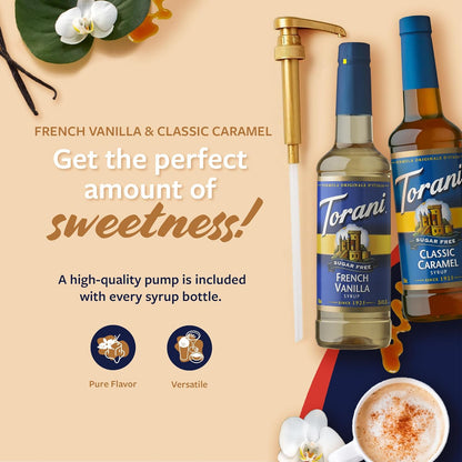 Torani Sugar Free Classic Caramel Syrup and Sugar Free French Vanilla Syrup Variety 2-Pack, Coffee Syrups for Drinks, Pumps Included, 25.4 Fl Oz Ea