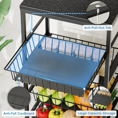 Snack Cart, 5-Tier Kitchen Carts on Wheels with Storage,Fruit Basket Stand with Pull-Out Baskets and Wood Top,Kitchen Organizer for Fruit Vegetable Snack (Black)