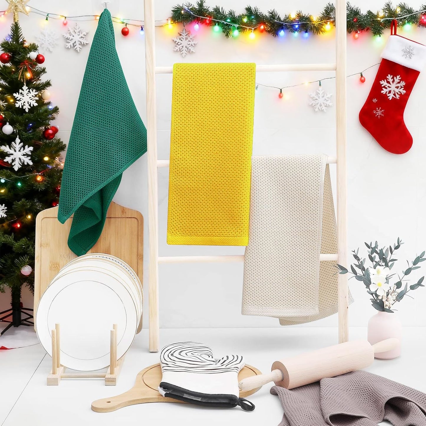 Homaxy 100% Cotton Waffle Weave Kitchen Dish Towels, Ultra Soft Absorbent Quick Drying Cleaning Towel, 13 x 28 Inches, 8-Pack, Dark Green