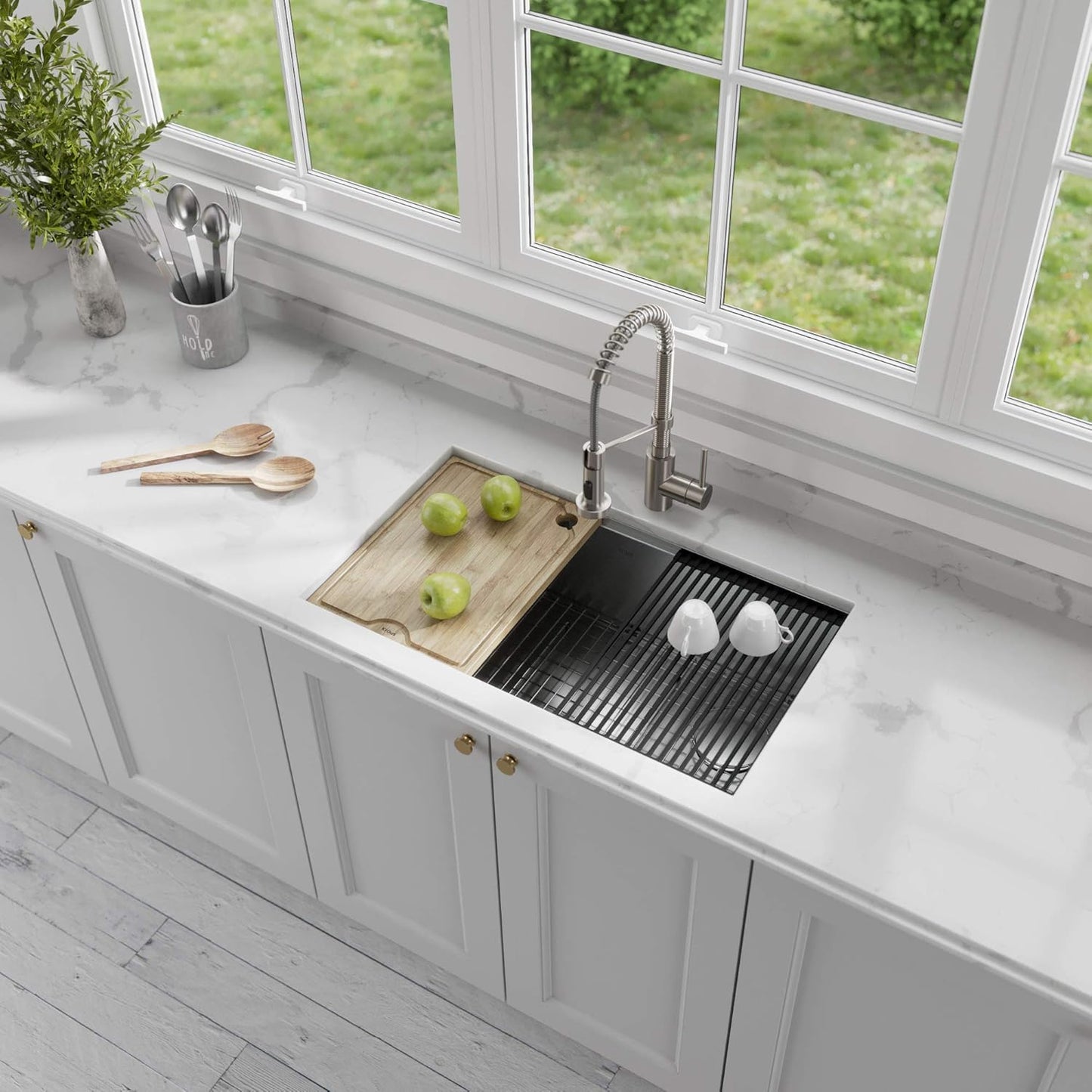 Kraus KWU110-32-100-100MB, Kore Workstation 32-inch Undermount 16 Gauge Single Bowl Stainless Steel Kitchen Sink with WasteGuard 1 HP Continuous Feed Garbage Disposal