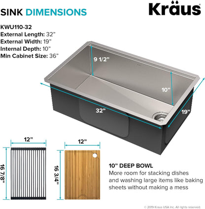 KRAUS Kore Workstation 32-inch Undermount 16 Gauge Stainless Kitchen Sink, Single Bowl Kitchen Sink with 3/4 HP Garbage Disposal, KWU110-32-100-75MB