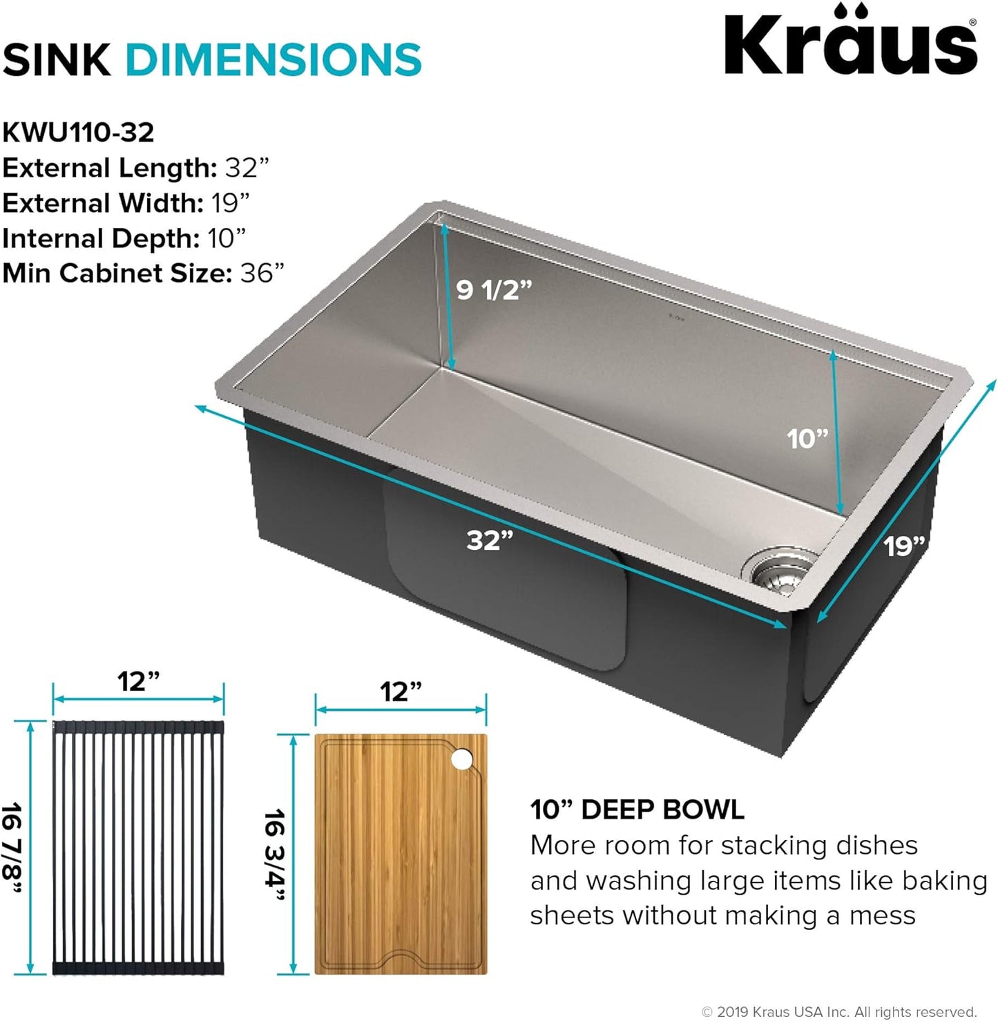 Kraus KWU110-32-100-100MB, Kore Workstation 32-inch Undermount 16 Gauge Single Bowl Stainless Steel Kitchen Sink with WasteGuard 1 HP Continuous Feed Garbage Disposal