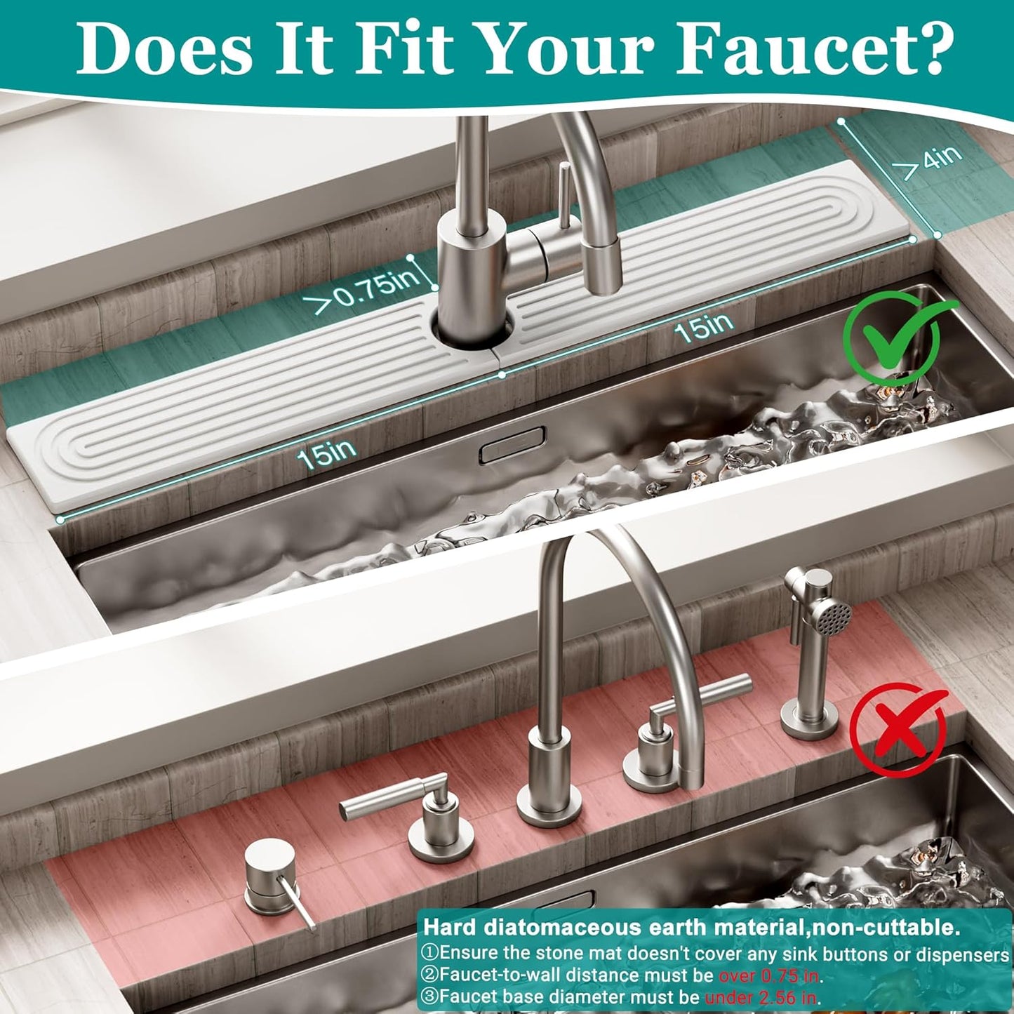 Stone Faucet Mat for Kitchen Sink - Quick Dry Diatomite Sink Splash Guard, Prevents Moisture Buildup & Water Stains, Water Absorbing Stone Tray for Bathroom Countertop (White, 30" x 4")