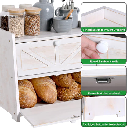 Ollieroo Vintage Double Layer Bread Box for Kitchen Countertop, Bamboo Bread Storage Container, Breadbox for Homemade Bread, Large Capacity Bread Bin(White)