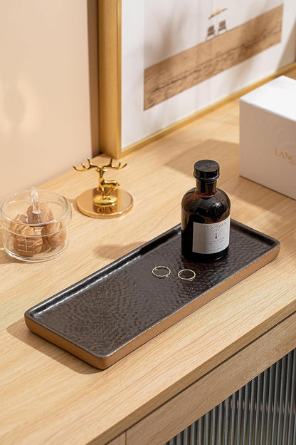Vanity Tray with Brown Trim, Candle Tray, Bathroom Countertop Perfume Holder Organizer, Decorative for Dresser, Table, Countertop, Home décor, Rectangular, Black, 12''×4.7''