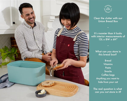 Sonder Los Angeles, Modern Bamboo Fiber and Recycled Plastic Bread Box (Blue Green) for Kitchen Countertop with Reversible Bread Board Wood Lid 14.25 x 9.25 x 7 in