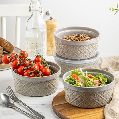 Ceramic Bowls with Lids set of 4, Soup Bowls, 28 oz Charcuterie Bowls Set for Kitchen, Food Storage Container Bowls Dishwasher & Microwave Safe for Salad, Pasta, Snack, Oatmeal, Fruit, Grey