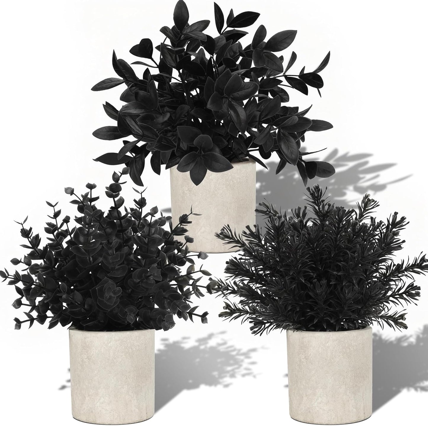 Der Rose 3 Pack Black Fake Plants Artificial Eucalyptus Plants Topiaries for Halloween Decorations Bathroom Accessories Home Office Desk Farmhouse Room Table Shelf Decor(Black)