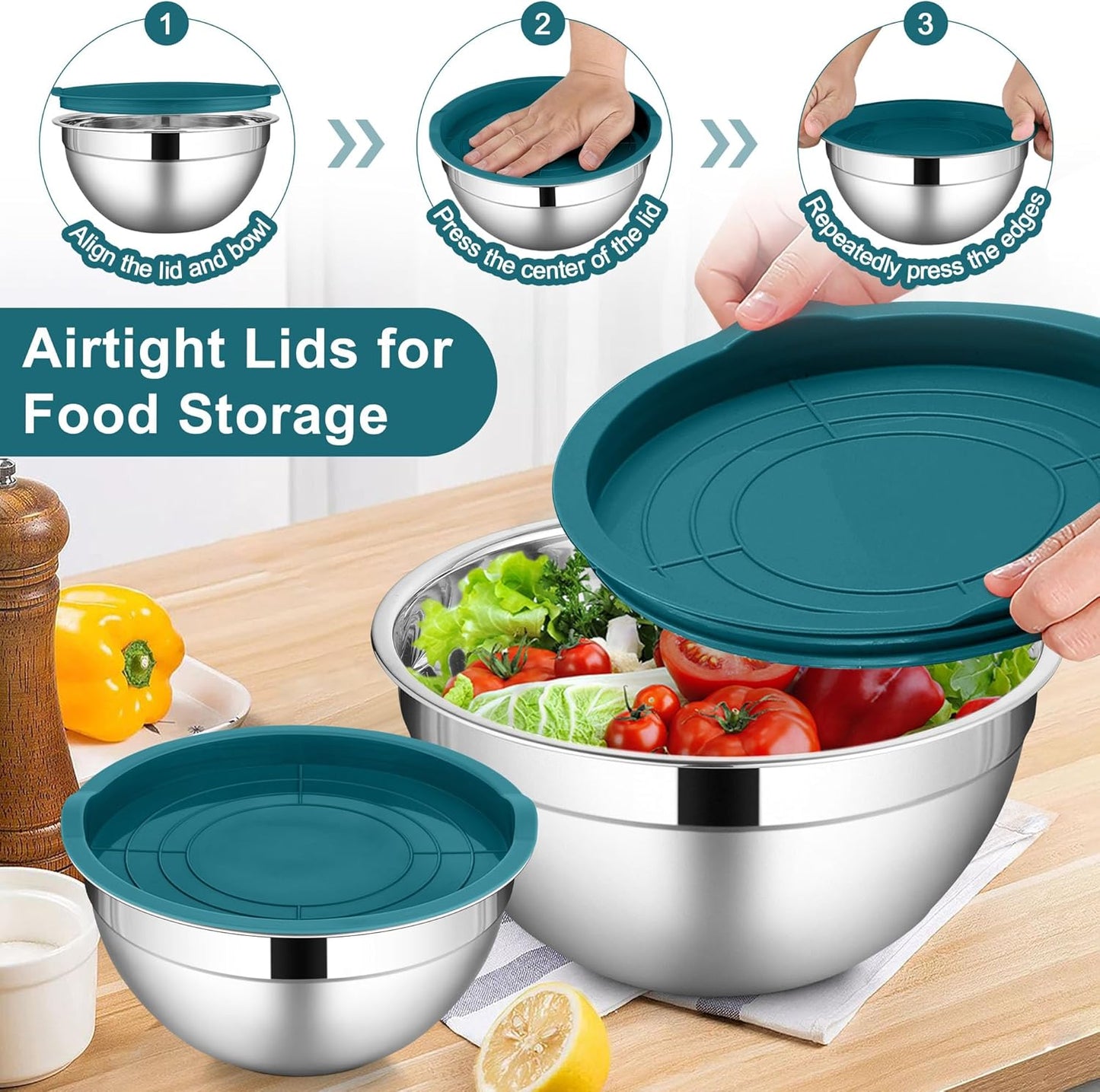 LIANYU 6 Piece Stainless Steel Mixing Bowls, Large 7, 3.5, 2.5, 2, 1.5, 1 QT Metal Bowls Set, Kitchen Nesting Bowls for Salad Cooking Prepping Food Storage, Dishwasher & Freezer Safe, Blue