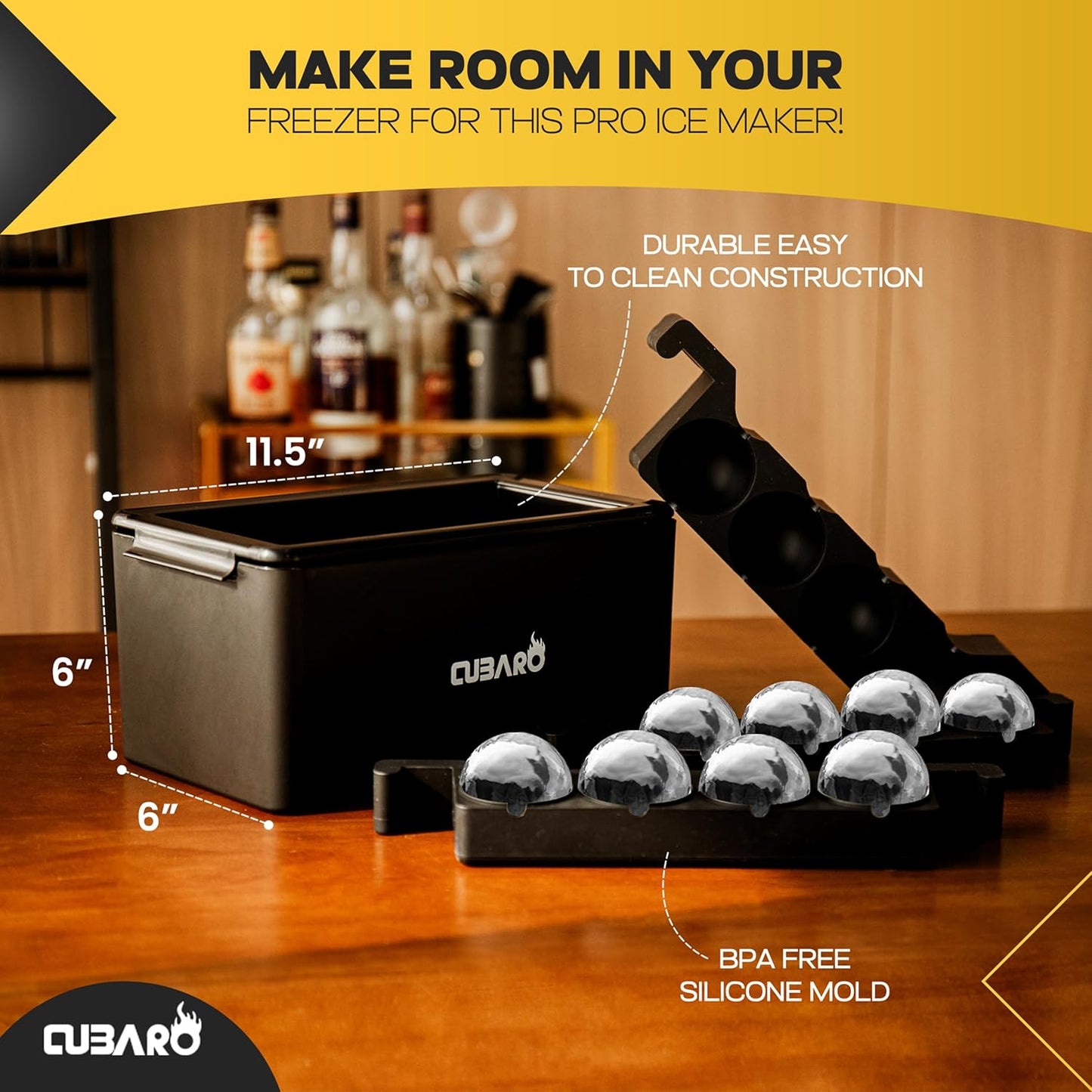 Clear Ice Ball Maker for Whiskey & Cocktails – 8 Large 2" Crystal Ice Spheres – Premium Hard Shell Directional Freezing Mold + Freezer Bag – Slow‑Melt Ice Balls by CUBARO