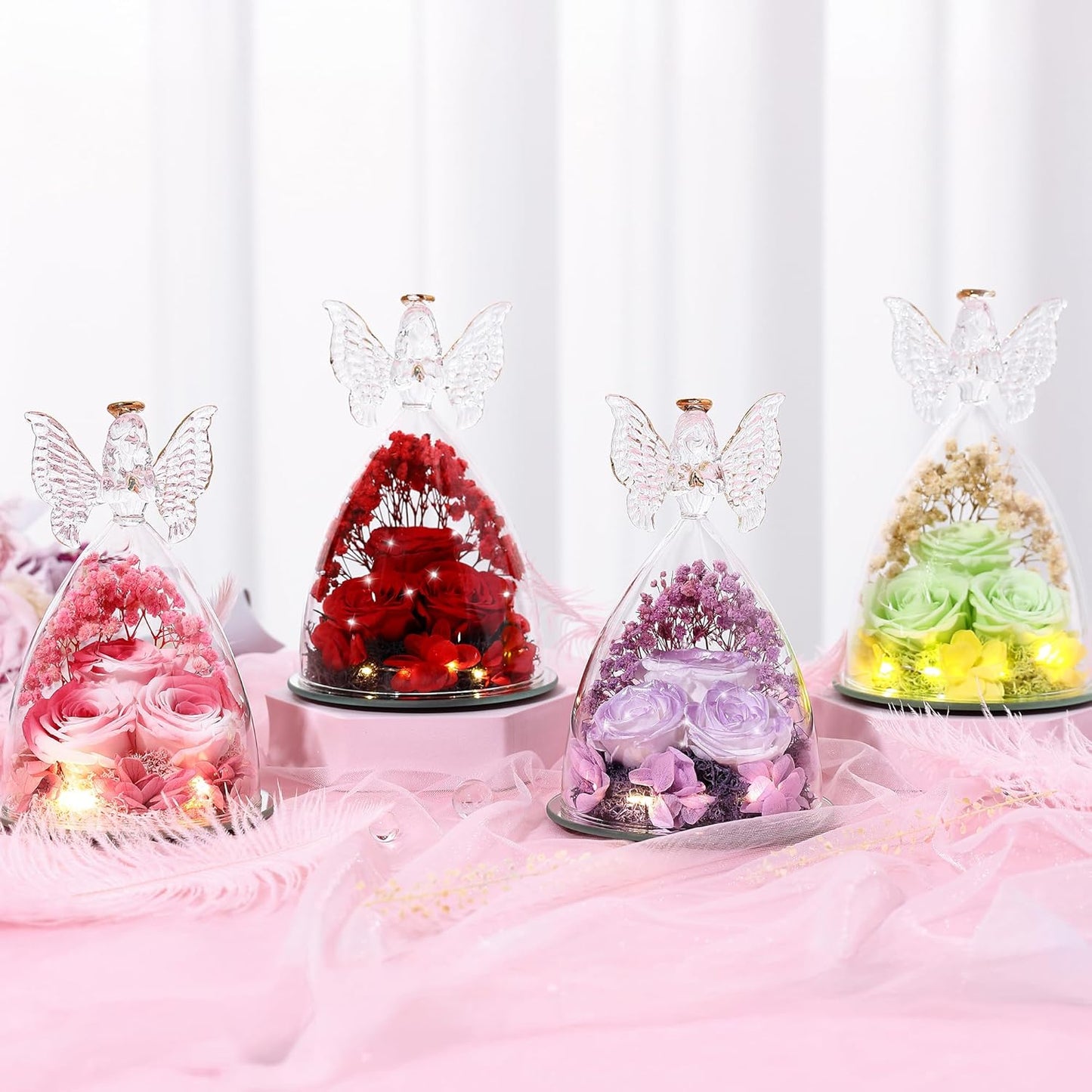 Christmas Rose Gifts for Women Preserved Real Flower in Glass Angel Figurines Roses for Delivery Prime Birthday Gifts for Mom Grandma Girlfriend Wife Her, Crystal Red