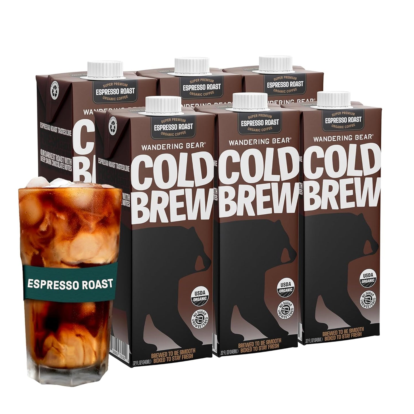 Wandering Bear Espresso Roast Organic Cold Brew Coffee - Extra Strong Bold, Smooth, No Sugar Added, Shelf-Stable, Ready to Drink, 100% Organic Iced Cold Brewed Coffee Drink - 32 fl oz, 6 pack