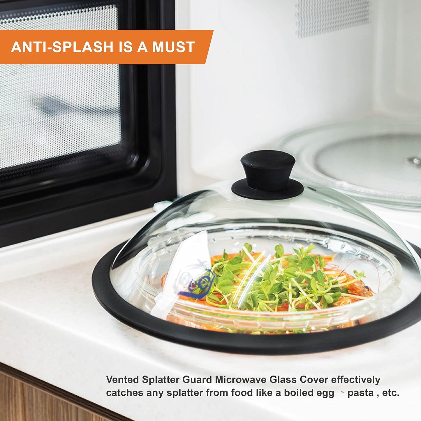 OEC Vented Splatter Guard Microwave Glass Cover for Food with Easy-Grip Handle, 10 inch Diameter, 100% Food Grade Tempered Glass & BPA Free Silicone Rim with Steam Vent, Dishwasher Safe