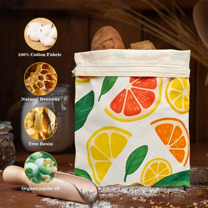 Beeswax Bread Bags for Sourdough 2 Pack 13"x17" Eco-Friendly Reusable Linen Cotton Storage Bags with Zipper Closure for Homemade Bread Fresh-Keeping, Freezer-Safe (Blood orange)