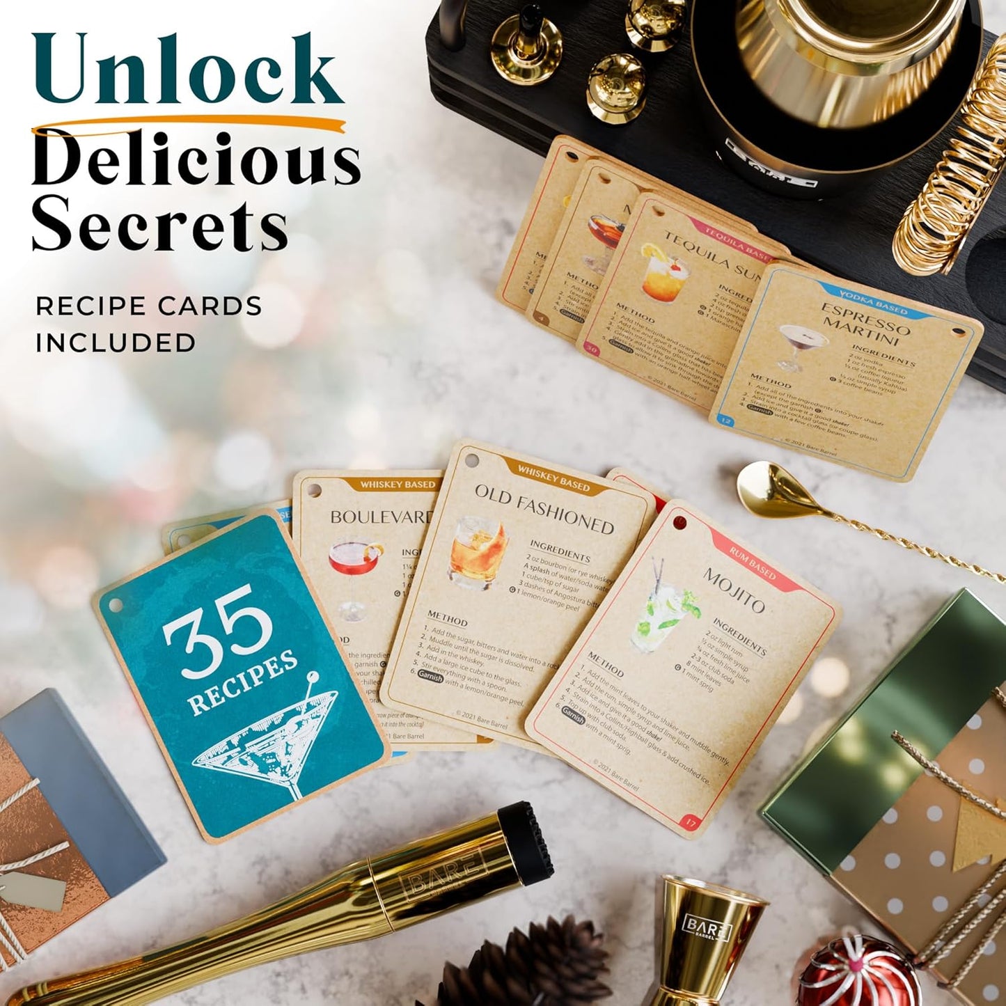 BARE BARREL® Mixology Bartender Kit Bar Set | 14-Piece Cocktail Shaker Set | Martini Barware Mixing Tools for Home Bartending | 35 Recipe Cards | Gift Set (28oz Boston Shaker, Gold/Black)