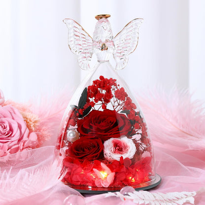 Christmas Rose Gifts for Women Preserved Real Flower in Glass Angel Figurines Roses for Delivery Prime Birthday Gifts for Mom Grandma Girlfriend Wife Her,Red Pink Austin Roses