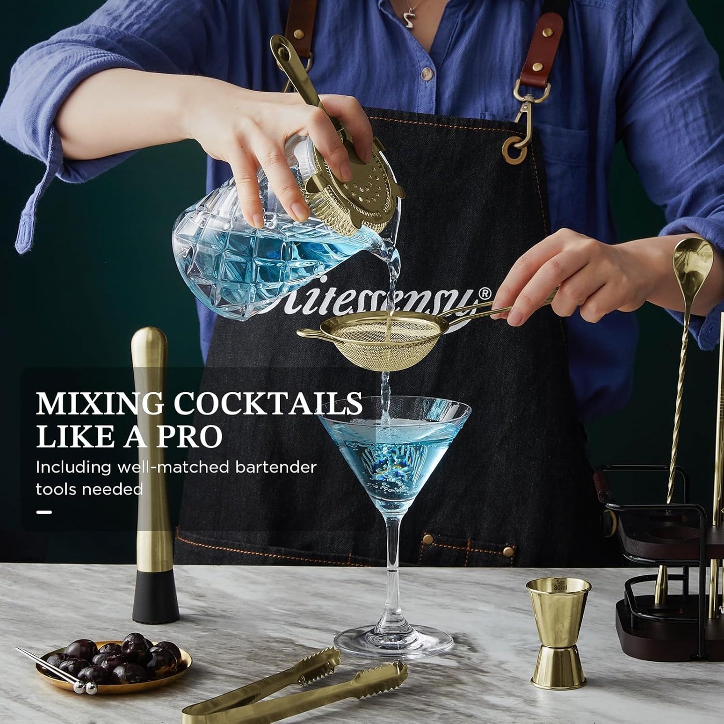 KITESSENSU Cocktail Shaker Set Bartender Kit with Stand | Complete 24-Piece Bar Set Cocktail Kit with All Bar Accessories, Gold