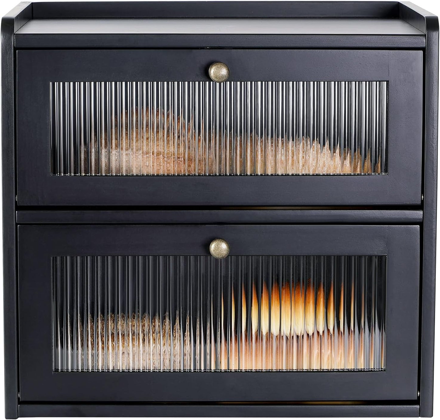 Sunhoo Bread Box for Kitchen Countertop Wooden Bread Storage Container Bin 2 Layer Breadbox Holder Large Capacity Keeper Vintage Farmhouse Food Organizer Pantry Shelf Acrylic Window（Black）