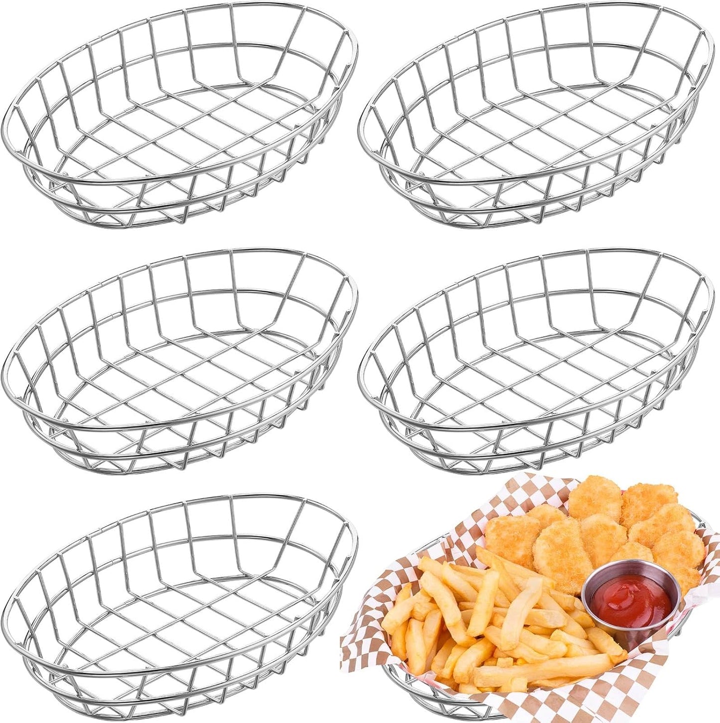 Tioncy 6 Pcs Chrome Oval Metal Wire Baskets 9.5 x 6.2 x 2.2 Inch Bread Serving Decorative Sandwich Container Christmas Party Fast Food Basket for Fruit Burger Kitchen Restaurant(Silver)