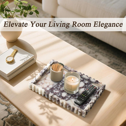 Natural Marble Tray for Bathroom, Real Stone Decorative Vanity Tray with Fluted Edge, Large Marble Serving Storage Tray for Kitchen Counter, Dresser, Home Decor, 11.8" x 8", Calacatta Viola