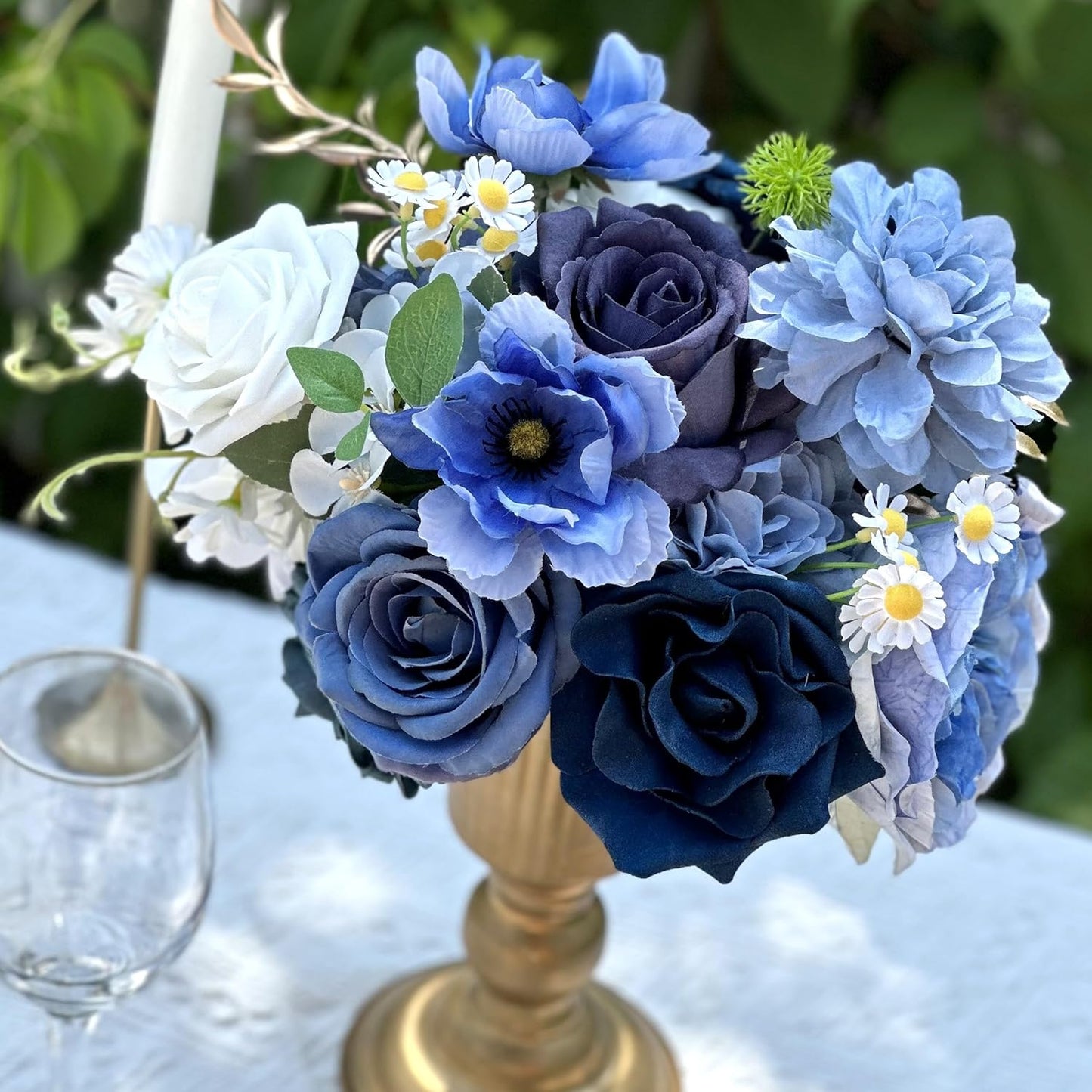 Dusty Blue Roses Silk Artificial Flowers Combo for DIY Bouquet Centerpieces Floral Arrangements, Navy Blue White Faux Flower with Stem Multi Use Wedding Party Home Decorations