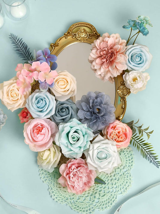 Pink Blue Flowers Combo Box, Light Blue Rose Silk Fake Flowers for DIY Floral Arrangements Wedding Bouquets Centerpiece Baby Shower Party Decoration (Blue Pink)