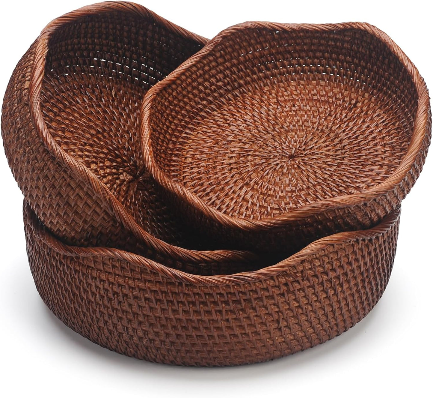 YANGQIHOME Rattan Round Fruit Baskets, Wicker Storage Bowls, Natural Woven Serving Basket Bowls, Decorative Baskets for Kitchen Counter Organizing, Brown, Set of 3
