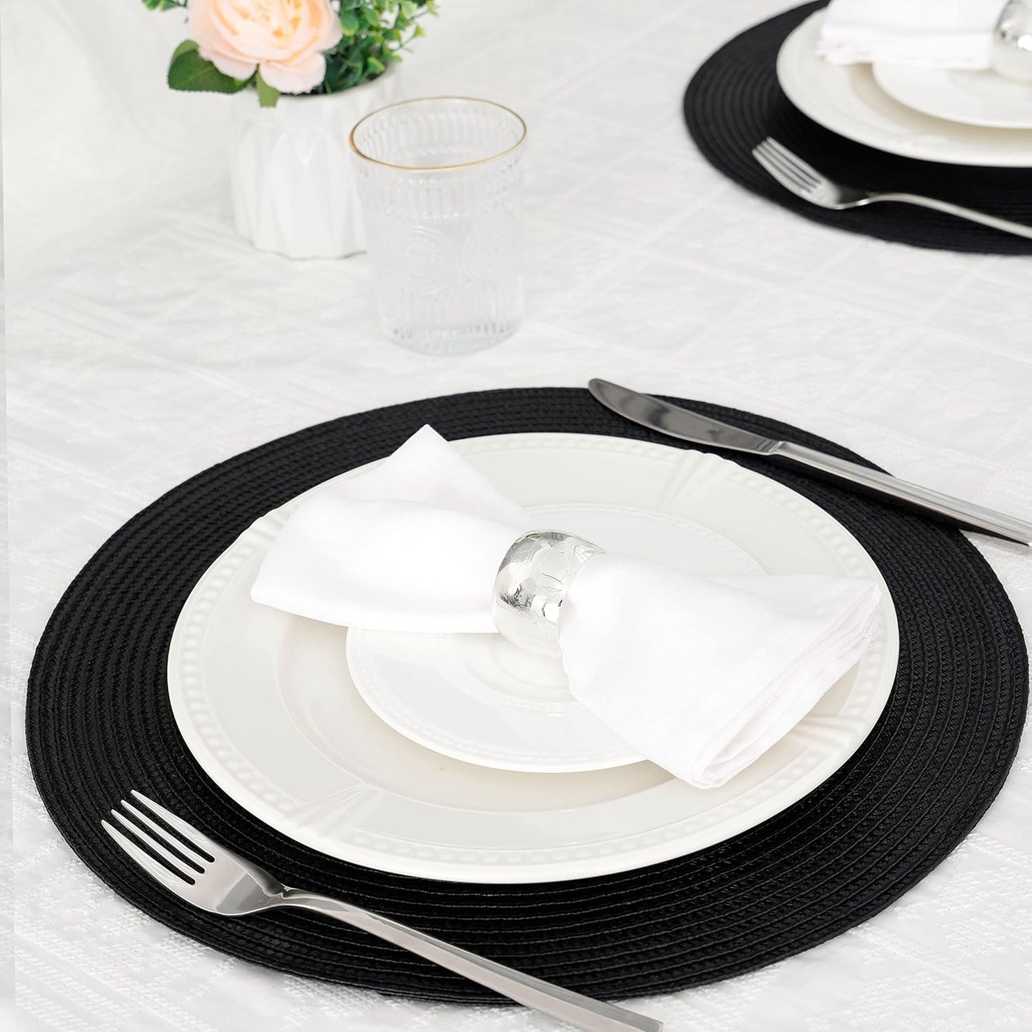 HODJOY Placemats, Round Braided Placemats for Dining Tables, Woven Non-Slip Washable Table Mats, Set of 6, 15 inch, Black