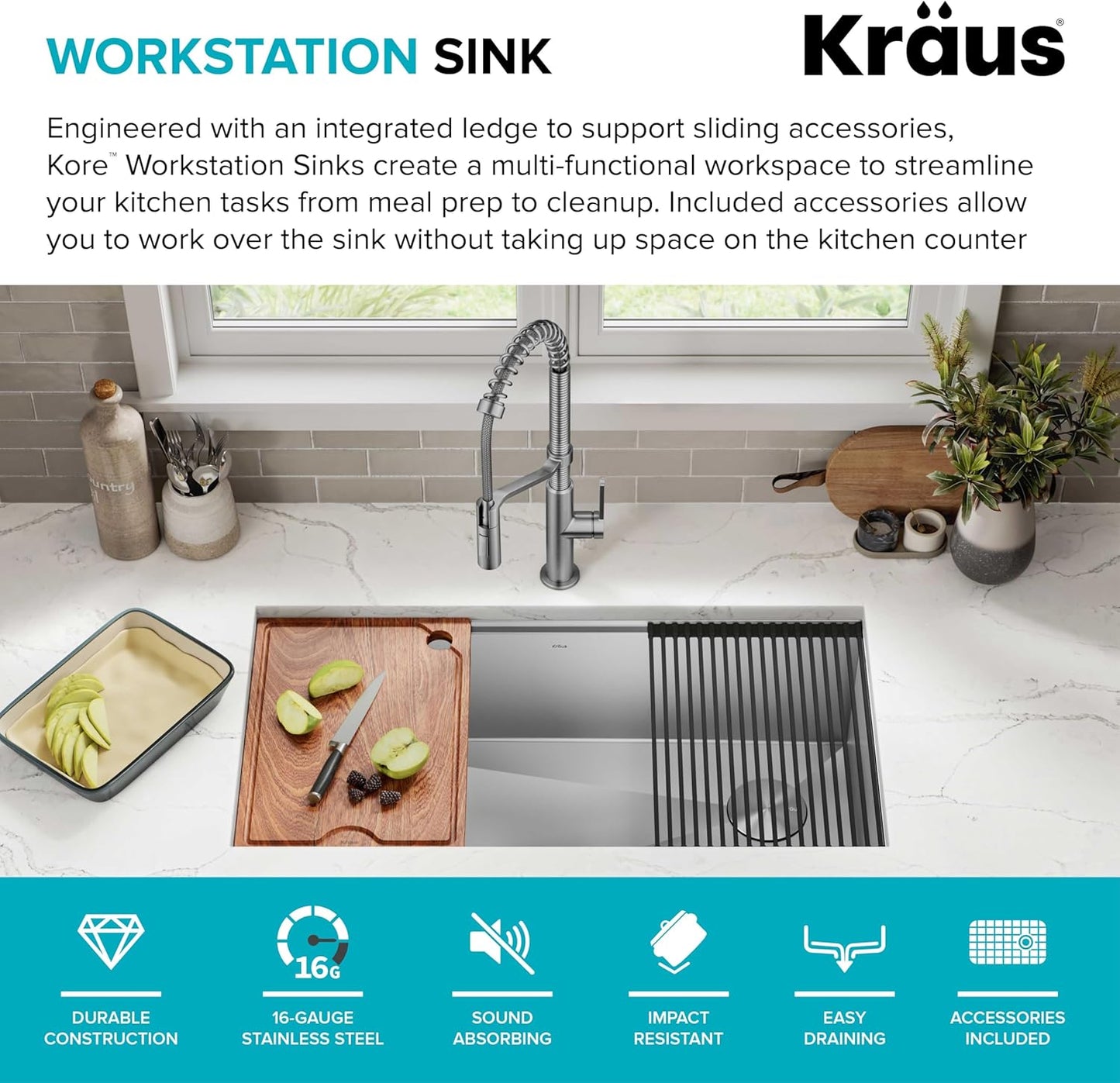 KRAUS Kore 36-Inch Undermount Workstation 16 Gauge Single Bowl Stainless Steel Kitchen Sink with Accessories, KWU110-36