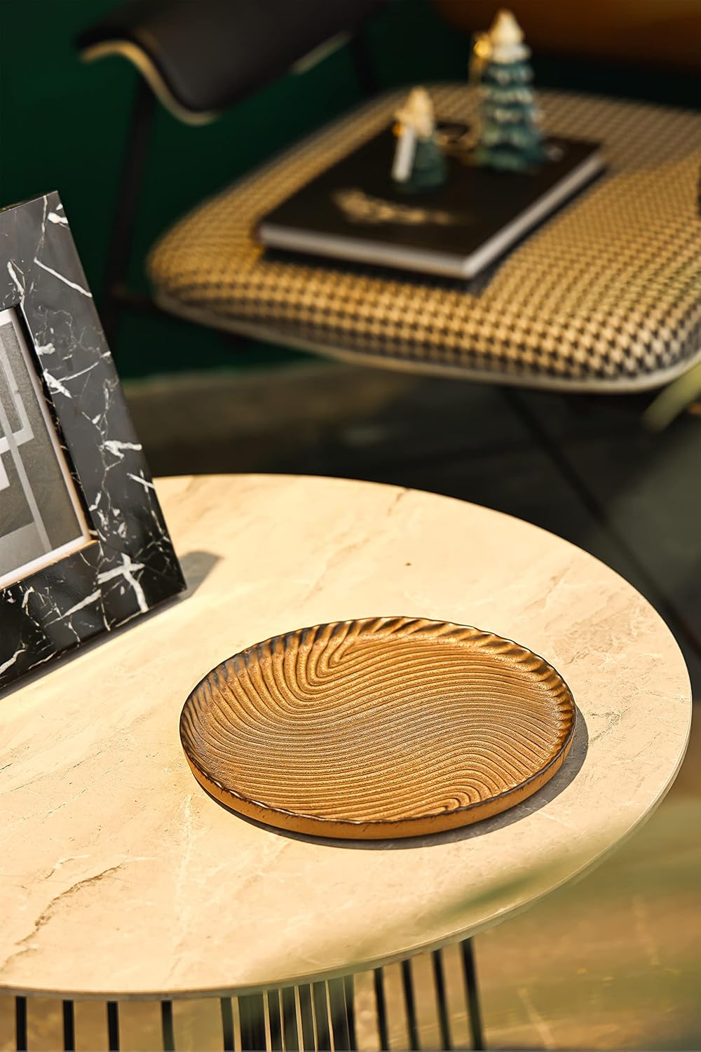 Vanity Tray, Candle Tray, Bathroom Tray, Countertop Tray, Perfume Holder Organizer, Decorative Tray for Dresser, Table, Bathroom Countertop, Home décor, Round, Brown, 8"×8"